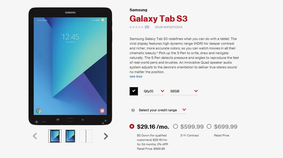 Samsung Galaxy Tab S3 now available at Verizon for $29.16/month