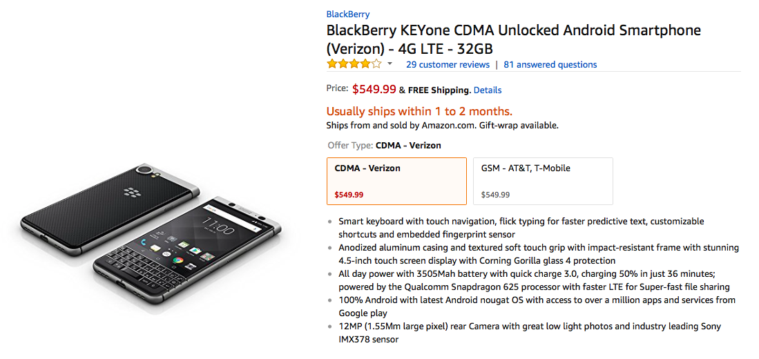 BlackBerry KEYone back in stock at Amazon USA