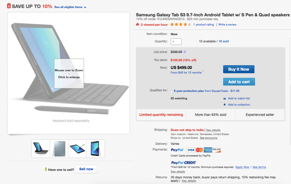 [Deal] Get Galaxy Tab S3 for $449 only using a 10% off coupon on eBay