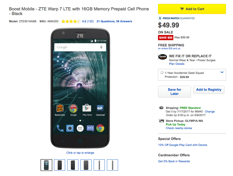 [Deal] Boost Mobile ZTE Wrap 7 with 2GB RAM and 5.5″ display is going for just $50 at Best Buy