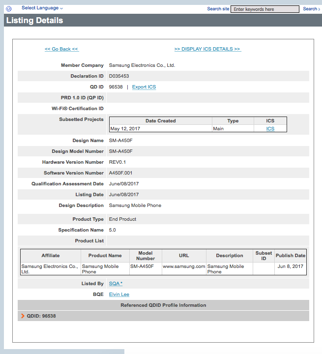 Samsung SM-A450F receives certification from Bluetooth SIG