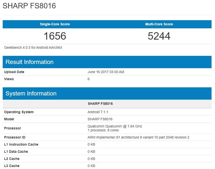 SHARP FS8016 with Snapdragon 660 processor and 4GB RAM leaks out at Geekbench