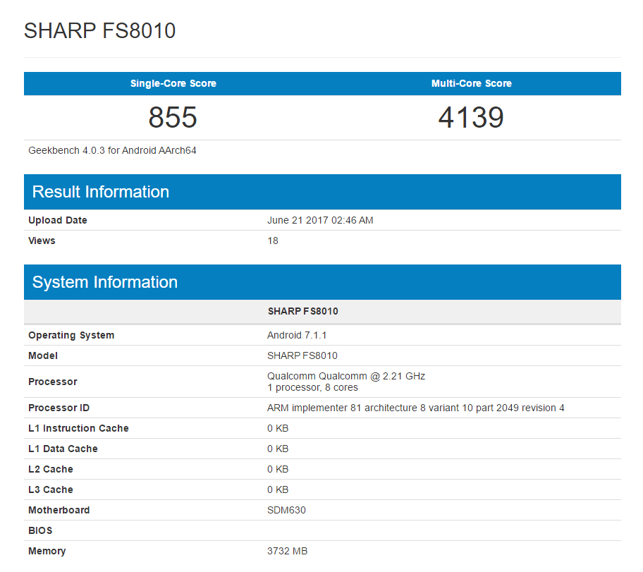 Sharp FS8010 spotted on GeekBench with Snapdragon 630 processor