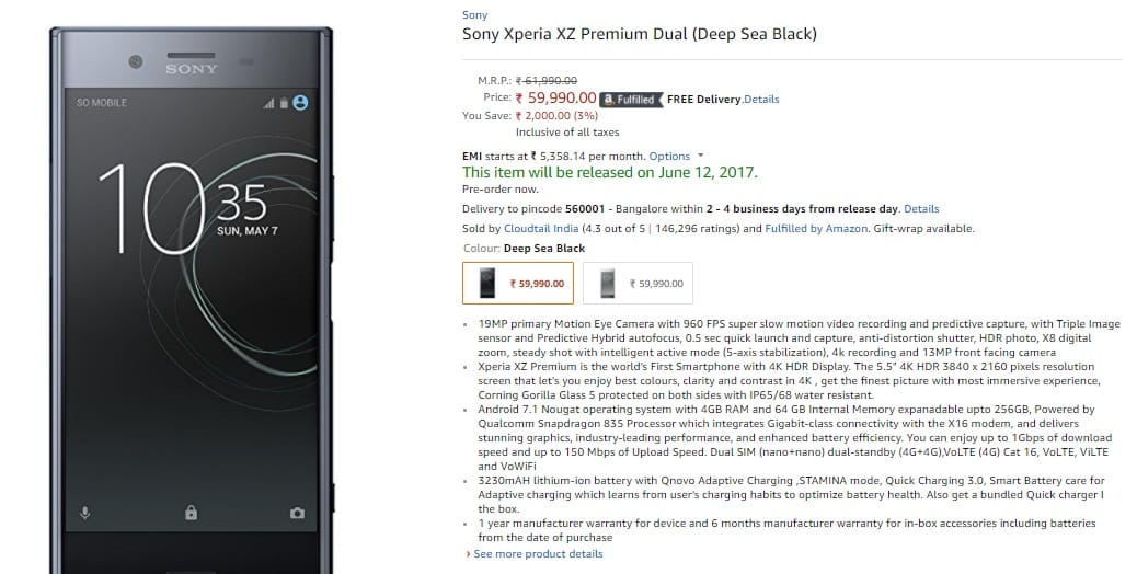 You can now pre-order Sony Xperia XZ Premium from Amazon India