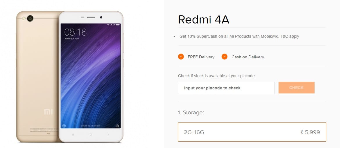 Xiaomi Redmi 4A sale going live in India today