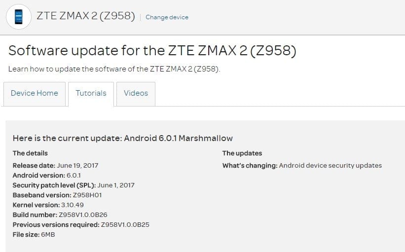 ZTE ZMAX 2 (Z958) at AT&T is receiving OTA update with June security patch