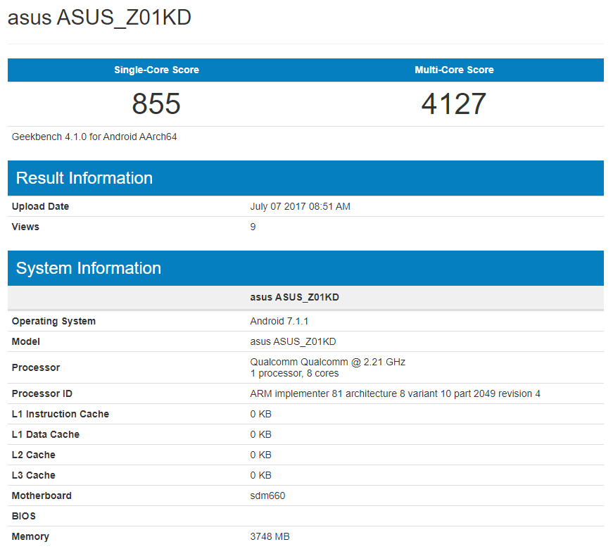 Asus ZenFone 4 with Snapdragon 660 clocked at 2.21GHz hits Geekbench