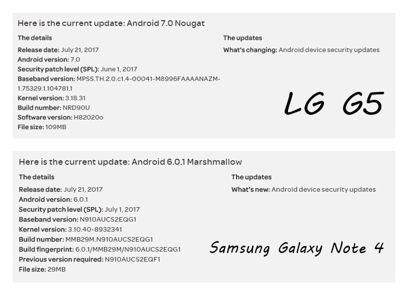 AT&T releases updates for LG G5 (June patch), Note 4, Note Edge and Express Prime (July patch)