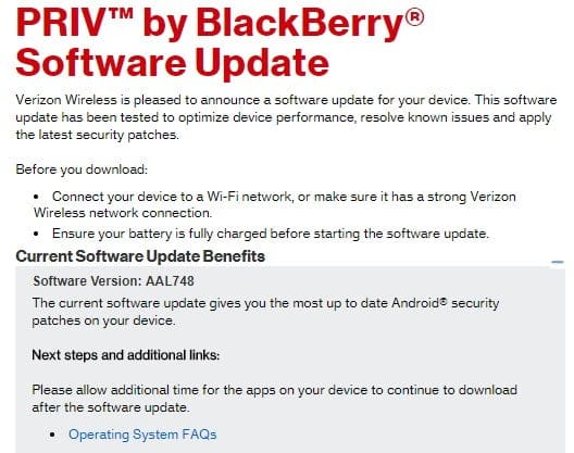 Verizon pushes June security update to BlackBerry PRIV with build AAL748