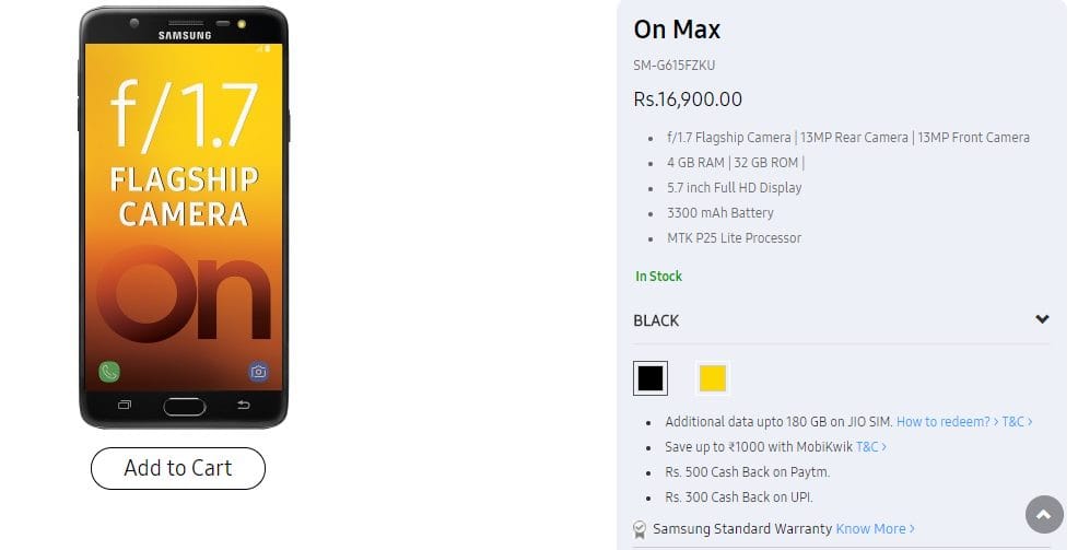 Galaxy On Max now available for purchase in India for INR 16,900 at Samsung Shop online