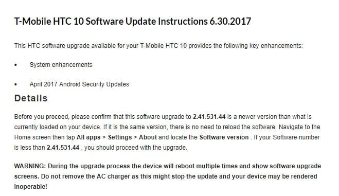 T-Mobile HTC 10 gets OTA update with April security patch (version 2.41.531.44)