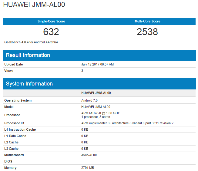 Huawei JMM-AL00 hits Geekbench, features 3GB RAM, MT6750 processor and Android Nougat