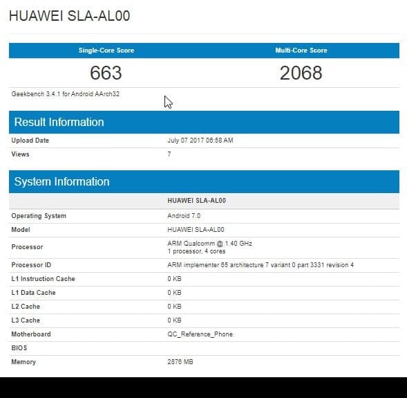 Huawei Enjoy 7 (SLA-AL00) benchmarks available as device hits Geekbench