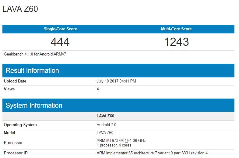 Lava Z60 shows up online with Android 7.0 Nougat, MT6737M processor and 1GB RAM