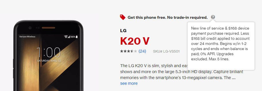 Get Verizon LG K20 V free under this deal, no monthly payments