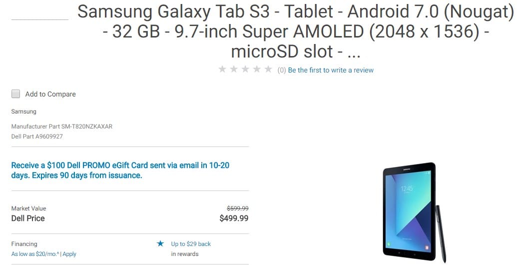 Galaxy Tab S3 Deal: Get it for $500 along with $100 eGift card from Dell