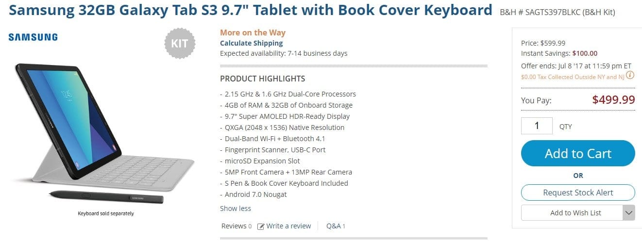 Galaxy Tab S3 Deal: Get the 9.7″ variant with free book cover keyboard for $500 at B&H