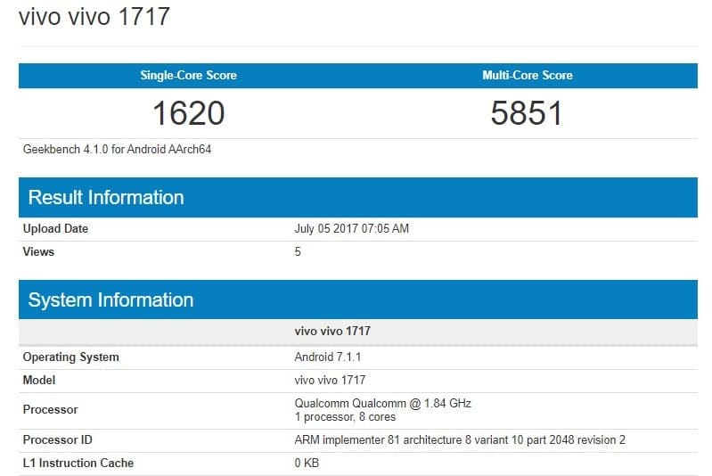 Vivo X11 (1717) specs available thanks to Geekbench, Snapdragon 660 chipset and Android 7.1.1 OS in tow