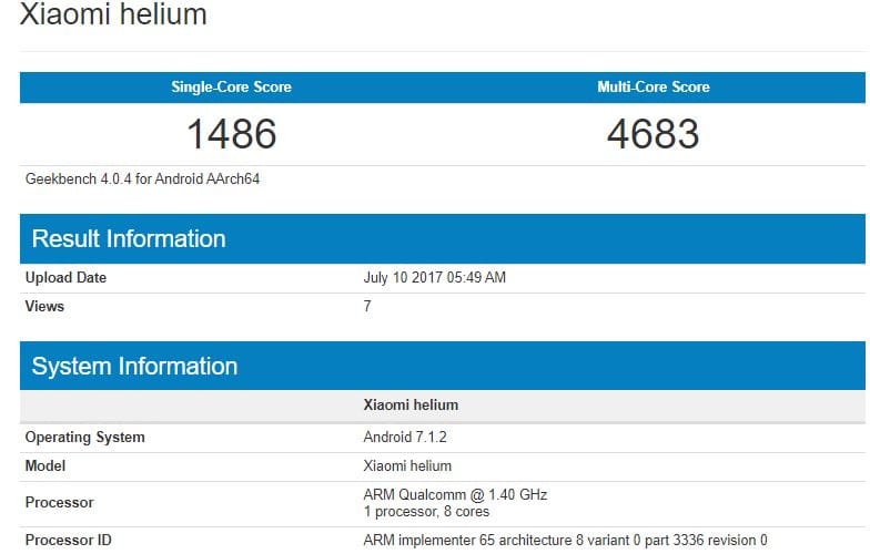 Xiaomi Helium leaks out at Geekbench with Snapdragon 617 processor, 3GB RAM and Android 7.1.2 Nougat OS