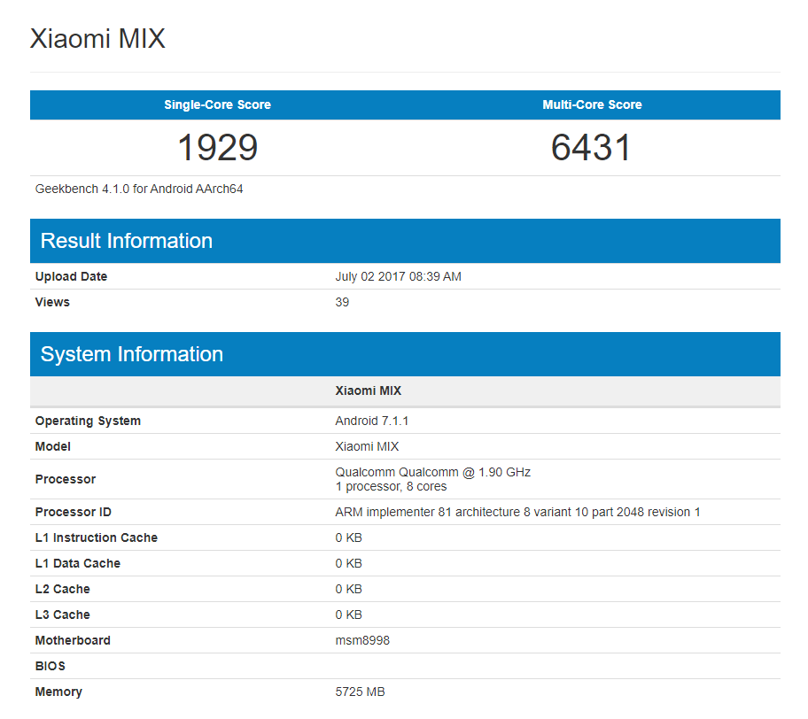 Xiaomi Mi Mix 2 specs revealed via GeekBench listing, SD 835 and 6GB RAM in tow