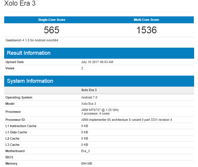 Xolo Era 3 specs leak: Quad core MT6737 processor, Android 7.0 Nougat and 1GB RAM on-board