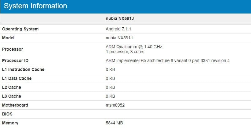 ZTE Nubia Z17 Lite specs revealed, Snapdragon 617 processor and 6GB RAM inside