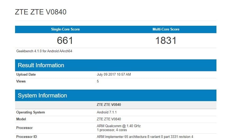 ZTE V0840 hits Geekbench, powered by Snapdragon 425 chipset and Android 7.1.1