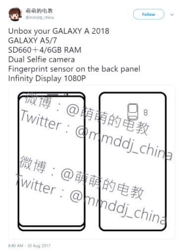 Samsung Galaxy A5, A7 2018 specs leak: Snapdragon 660, 4/6GB RAM, dual selfie camera and Full HD infinity display