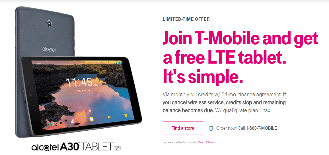 T-Mobile Deal: Get $144 worth 8-inch Alcatel A30 LTE tablet for free with new connection