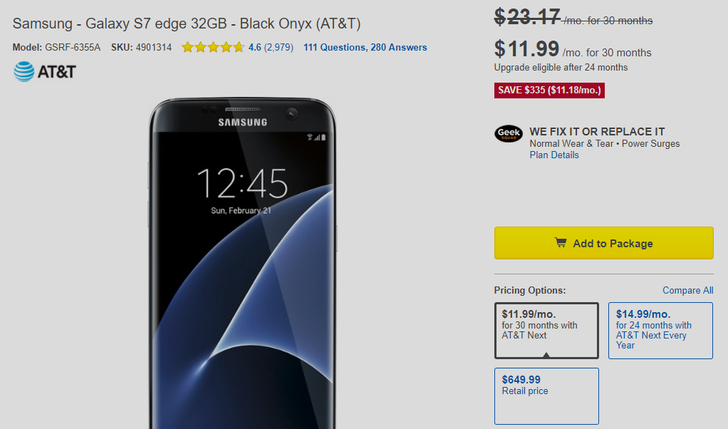 AT&T Galaxy S7 Edge Deal: Get $335 discount (48%) from Best Buy on contract