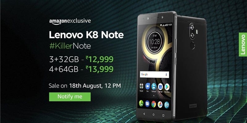 Lenovo K8 Note launched in India for INR 12,999, features dual camera