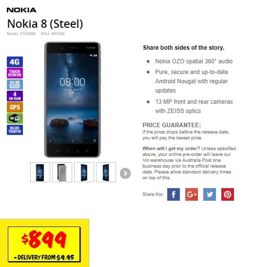 Nokia 8 up for pre-order in Australia; priced at AUD 899