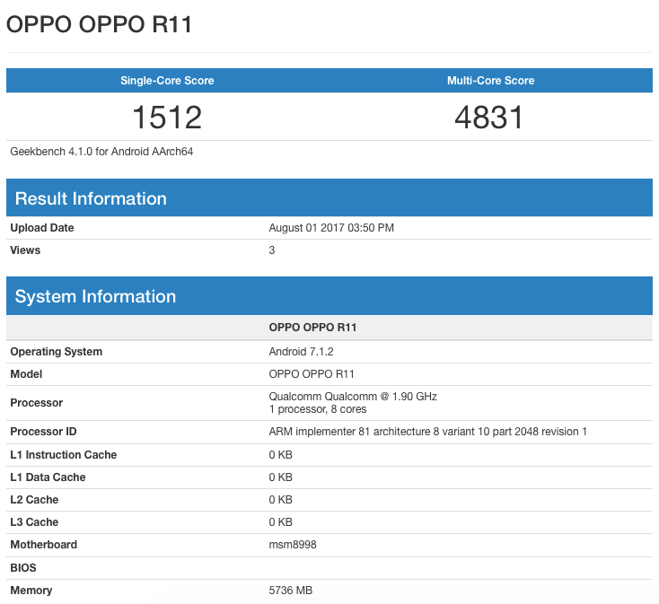 Oppo R11 with Snapdragon 835, 6GB RAM, and Android 7.1.2 shows up on Geekbench