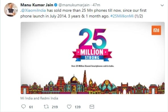 Xiaomi sold 25 million smartphones in India in the past 3 years