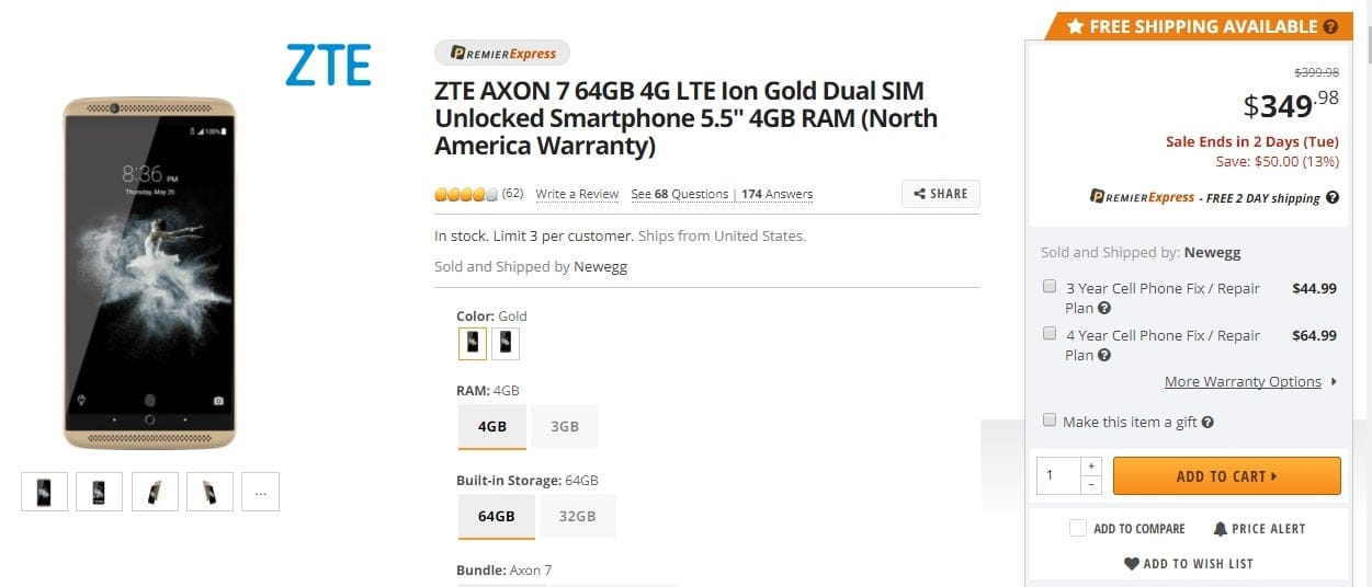 ZTE Axon 7 Deal: Get $90 off on the 4GB/64GB variant at Newegg