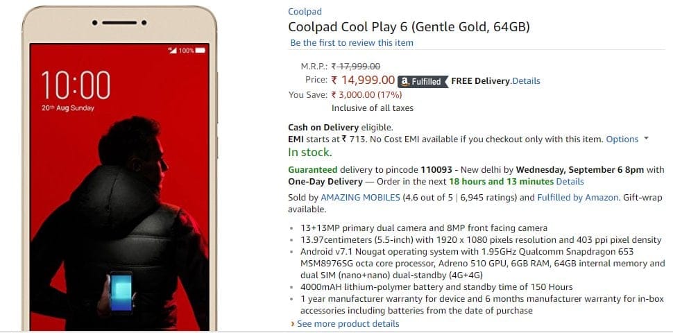 Coolpad Cool Play 6 with dual rear camera and 6GB RAM goes on sale in India for INR 14,999