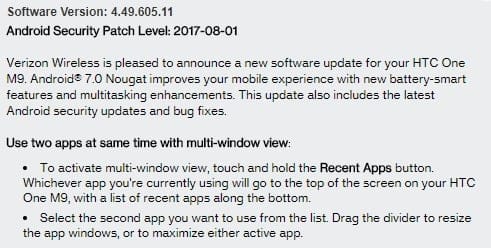 Verizon releases HTC One M9 Android 7.0 Nougat update, finally