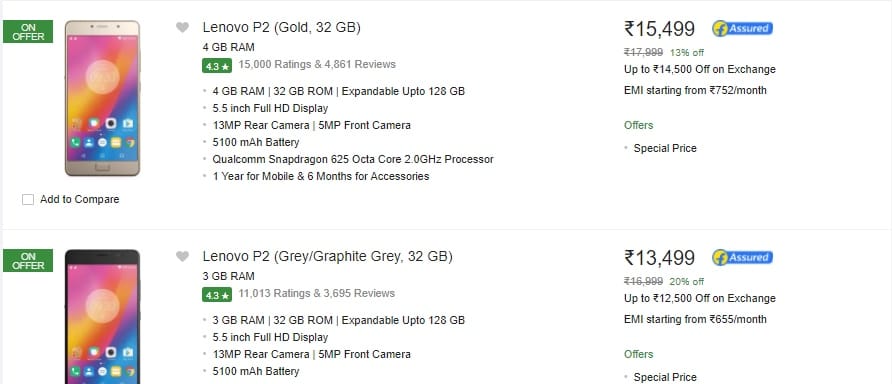 Lenovo P2 deal: Price reduced at Flipkart to INR 13,499 and 15,499 for 3GB and 4GB RAM variant