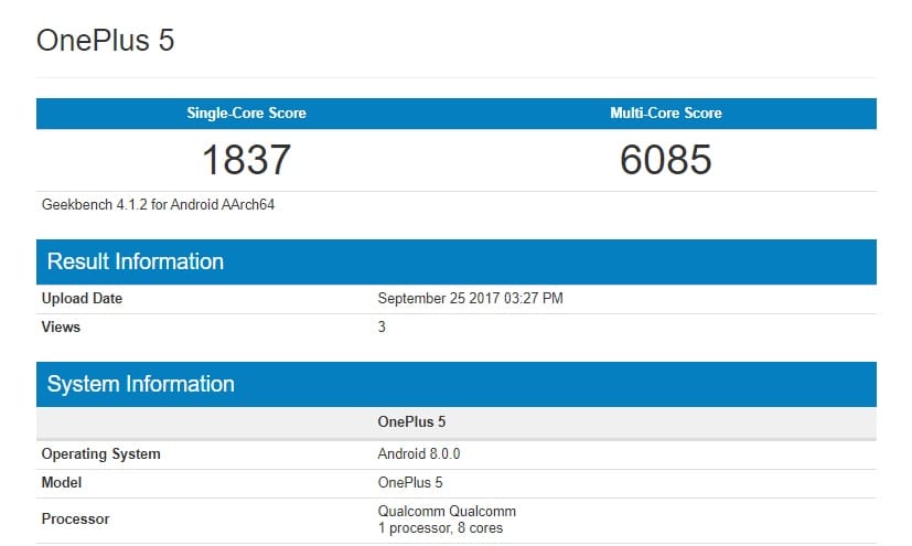 OnePlus 5 running Oreo update spotted on Geekbench