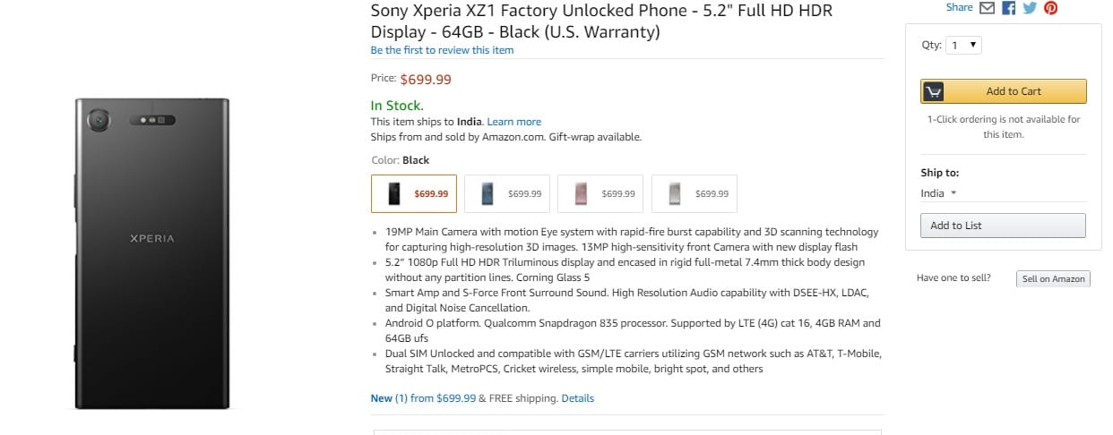 Sony Xperia XZ1 with Android Oreo launched in US at Amazon for $700 (dual-SIM variant, G8342)