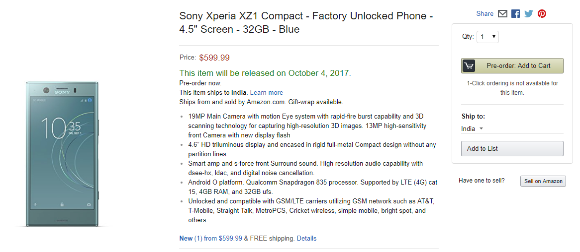 Sony Xperia XZ1 Compact goes on pre-order in US for $599.99