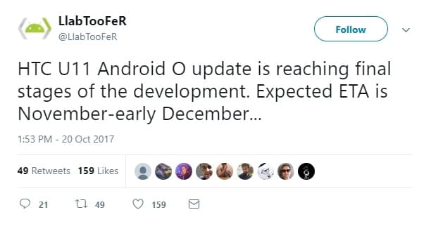 Oreo for HTC U11 to release by November-end or early December