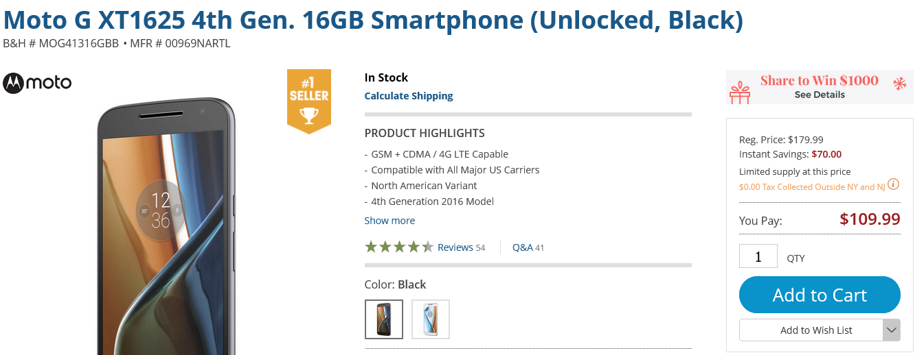 [Hot Deal] Moto G4 available for just $110 at B&H ($70 off)