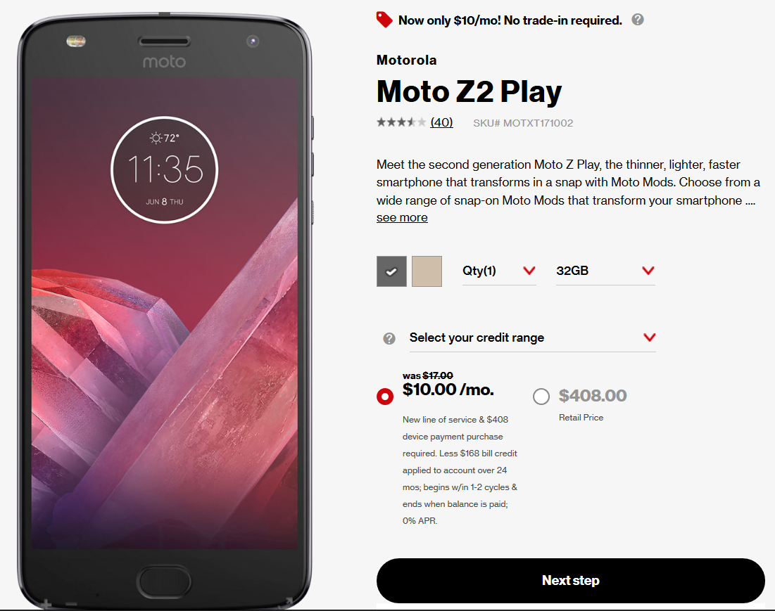 Verizon Moto Z2 Play Deal: $168 off, available for $10/month