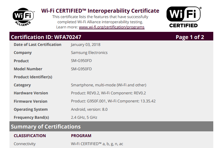 Multiple Samsung Galaxy S8 and S8+ variants cleared by Wi-Fi Alliance with Android Oreo [Update: Canada and unlocked US variant join in too]