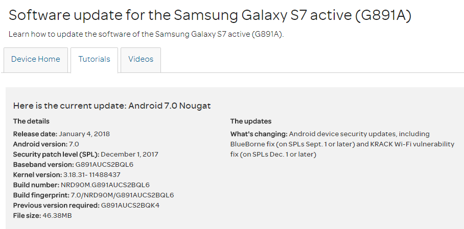 Latest update for the AT&T Galaxy S7 Active comes with KRACK Fix and December patch