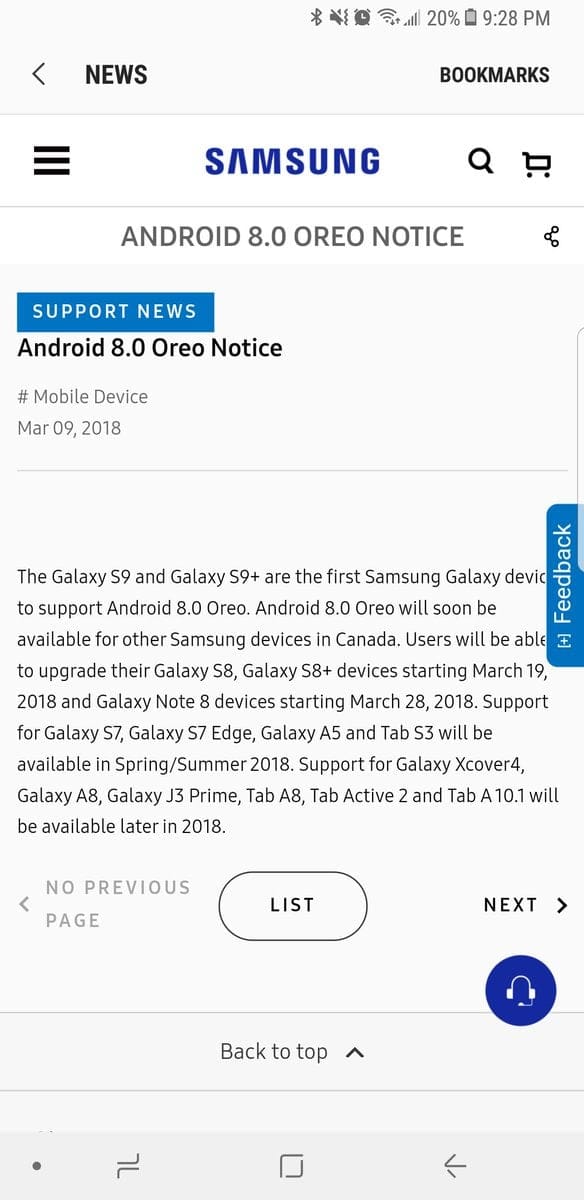 Samsung Oreo roadmap