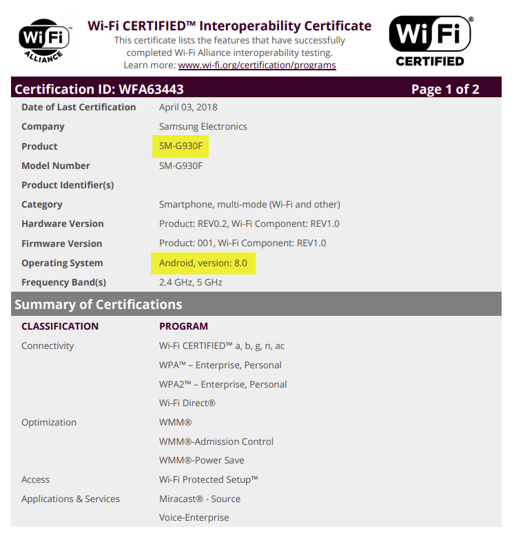 Android 8.0 Oreo update coming soon for Galaxy S7, S7 Edge, Xcover 4, A7 2017, A5 2017, and A3 2017; certified at Wi-Fi Alliance