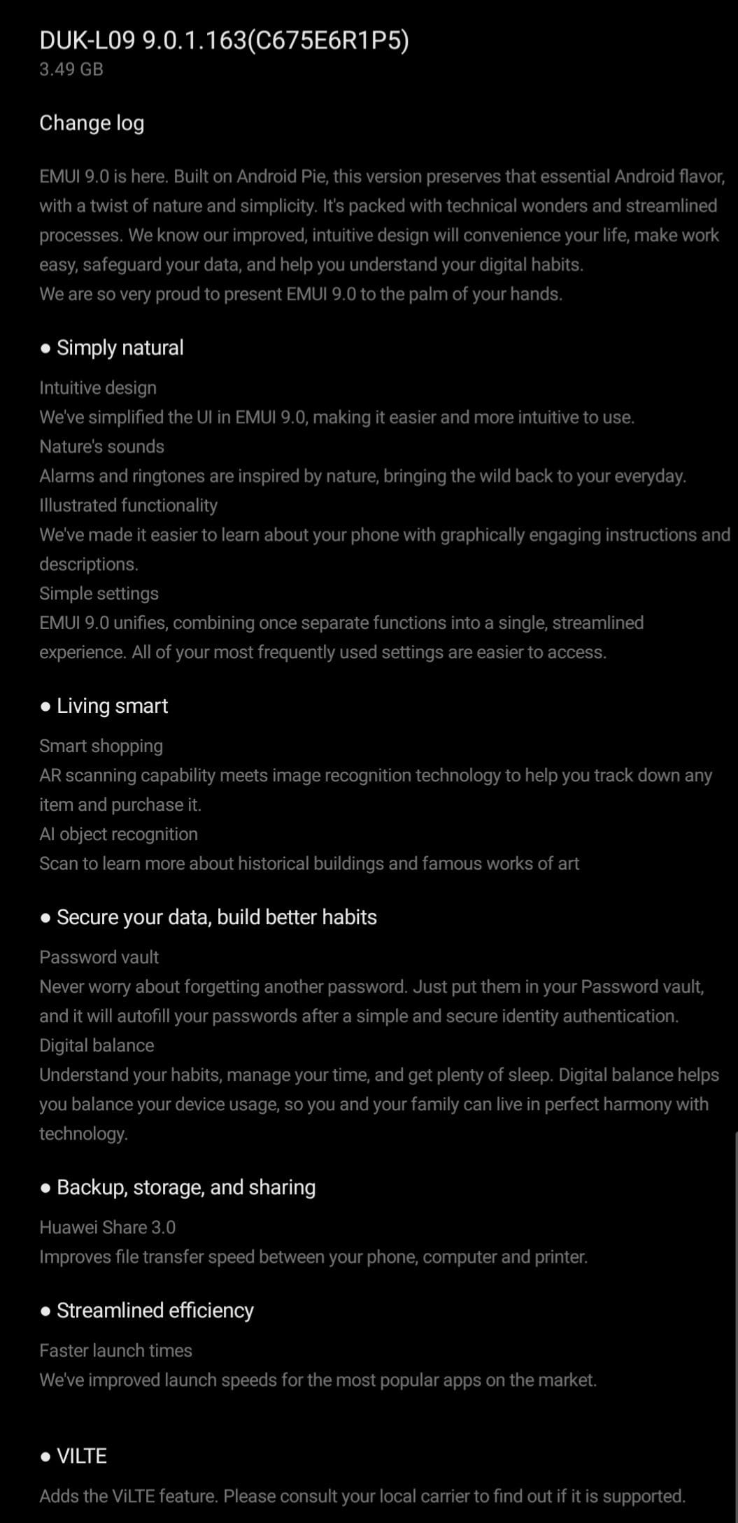 Honor 8 Pro Pie update changelog