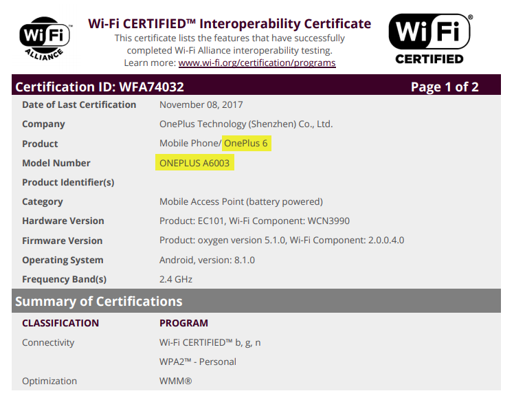 OnePlus 6 launch is near, device certified at Wi-Fi Alliance